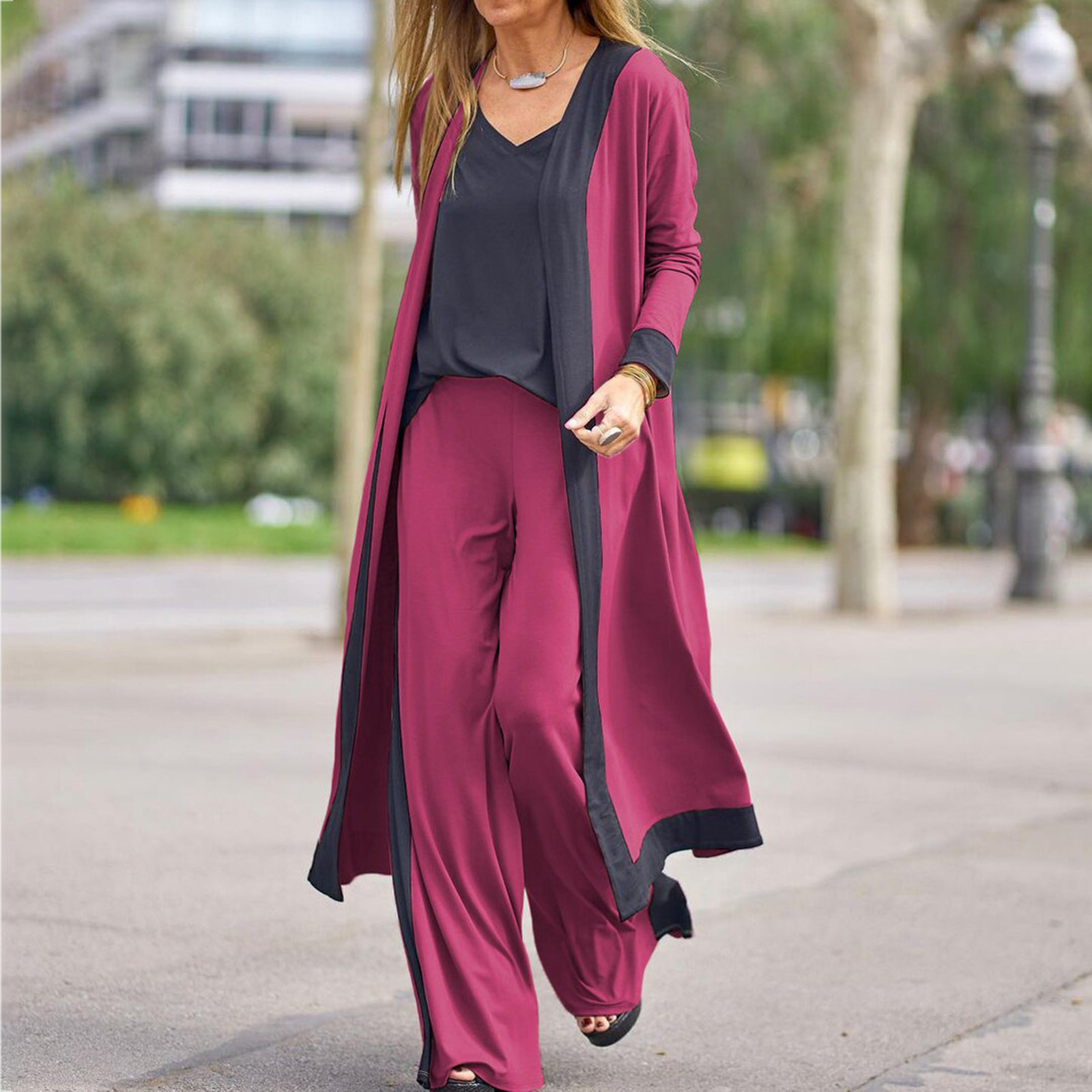 Color Block Casual Three-piece Set, Open Front Long Sleeve Cardigan & V Neck Tops & Wide Leg Pants Outfits, Women's Clothing