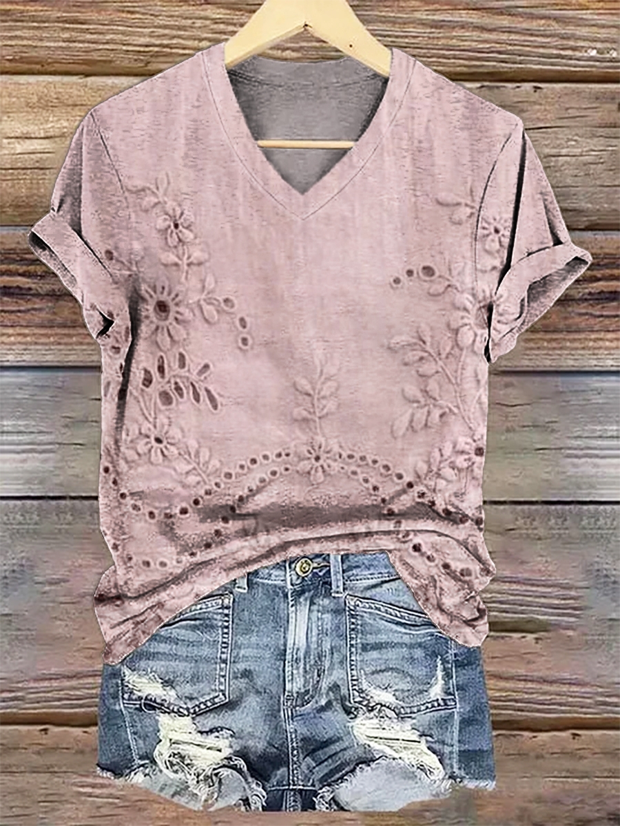 Women's Vintage Floral Texture Patterns Print V-neck Casual T-Shirt