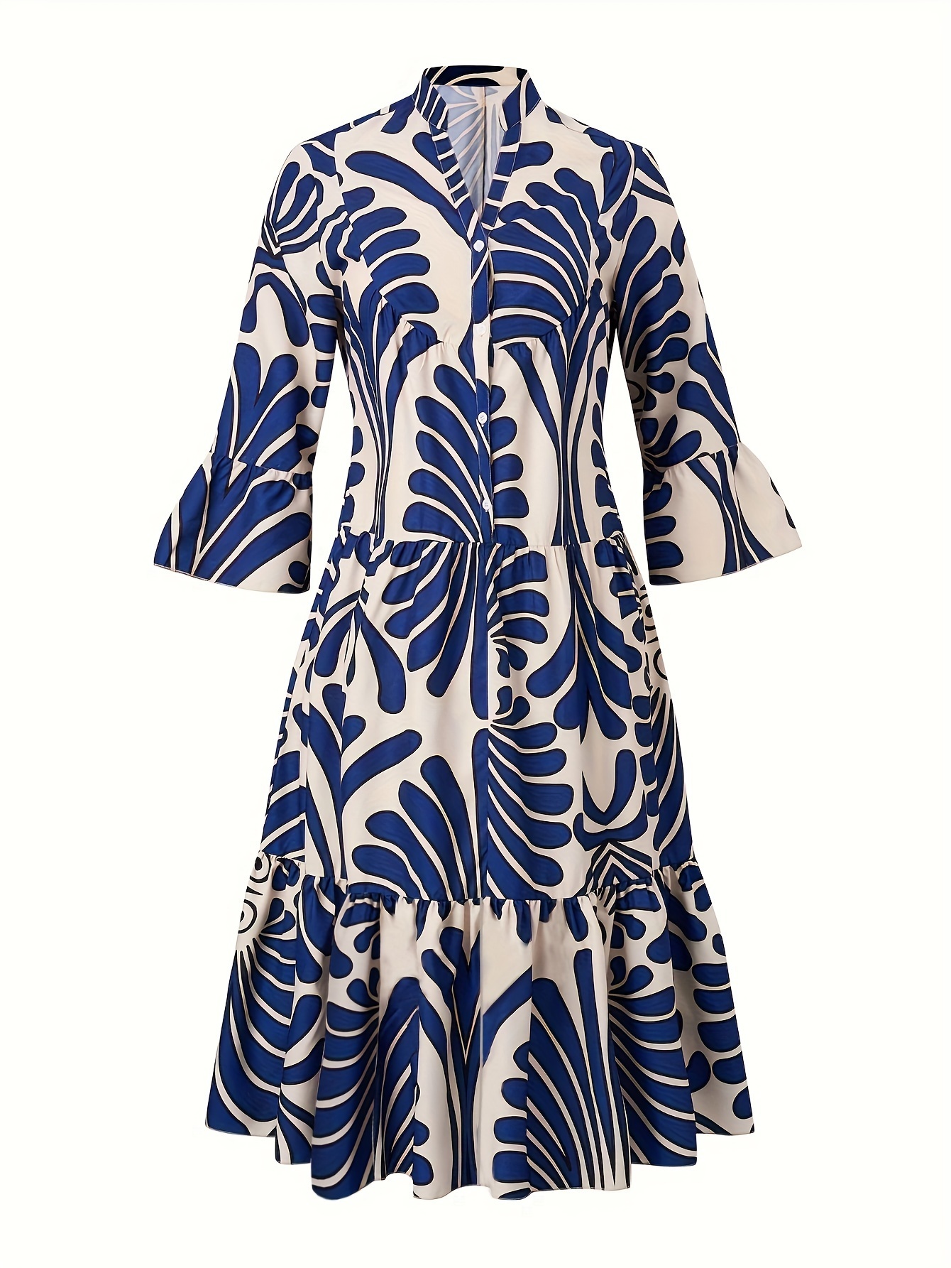 Plus Size Elegant Dress, Women's Plus Allover Print Bell Sleeve Button Up Mock Neck Maxi Smock Dress