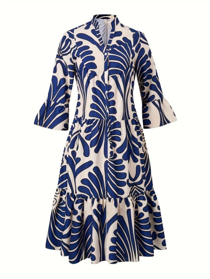 Plus Size Elegant Dress, Women's Plus Allover Print Bell Sleeve Button Up Mock Neck Maxi Smock Dress