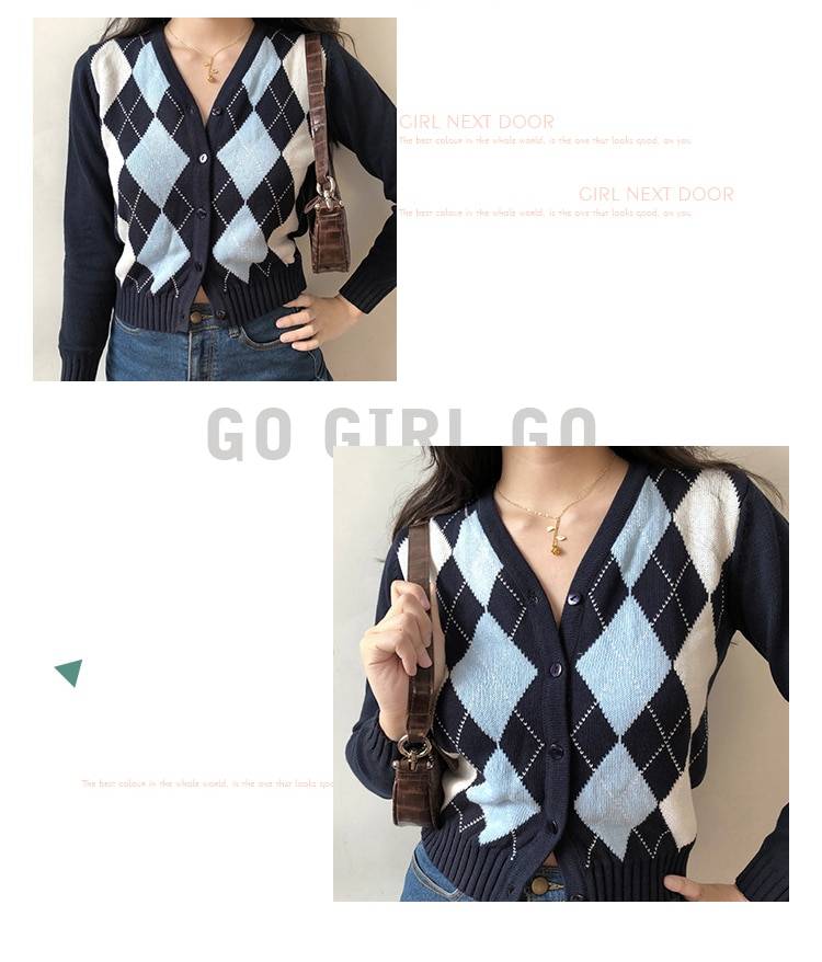 Vintage geometric long sleeve v neck knitted sweater