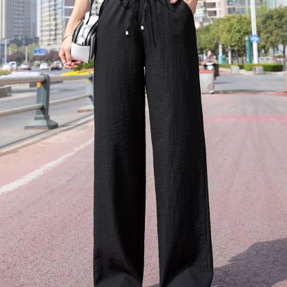 Minimalist Solid Drawstring Pants, Casual Long Length Elastic Waist Wide Leg Pants, Women's Clothing
