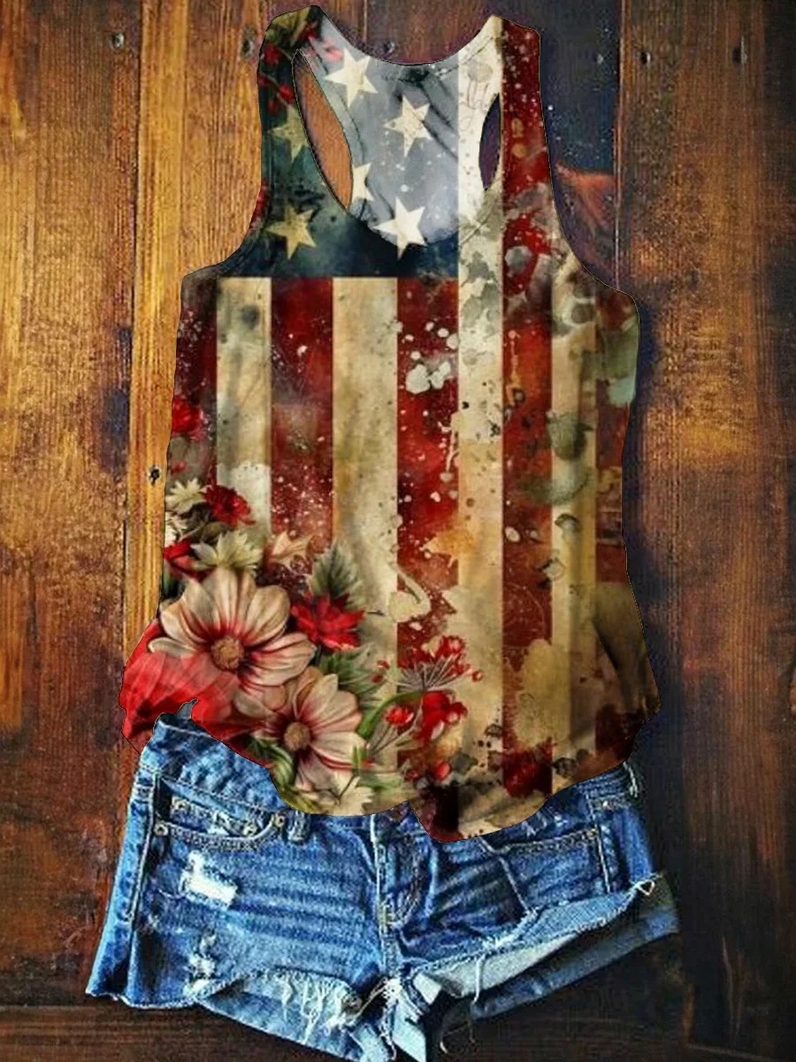 Women's Vintage Flag Floral Art Print V-neck Casual T-Shirt