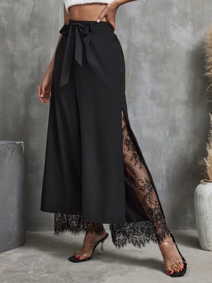 Elegant Wide-Leg Palazzo Pants for Women - Lace Trim, Elastic Waist, Easy Care, Perfect for Spring