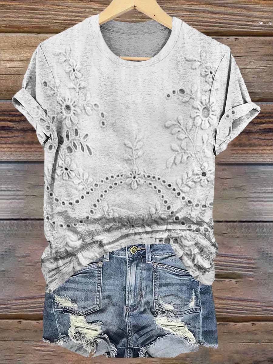Women's Vintage Floral Texture Patterns Print V-neck Casual T-Shirt