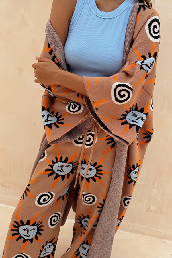 Mediterranean Art Knit Unique Sun Vortex Print Bell Sleeve Long Cardigan