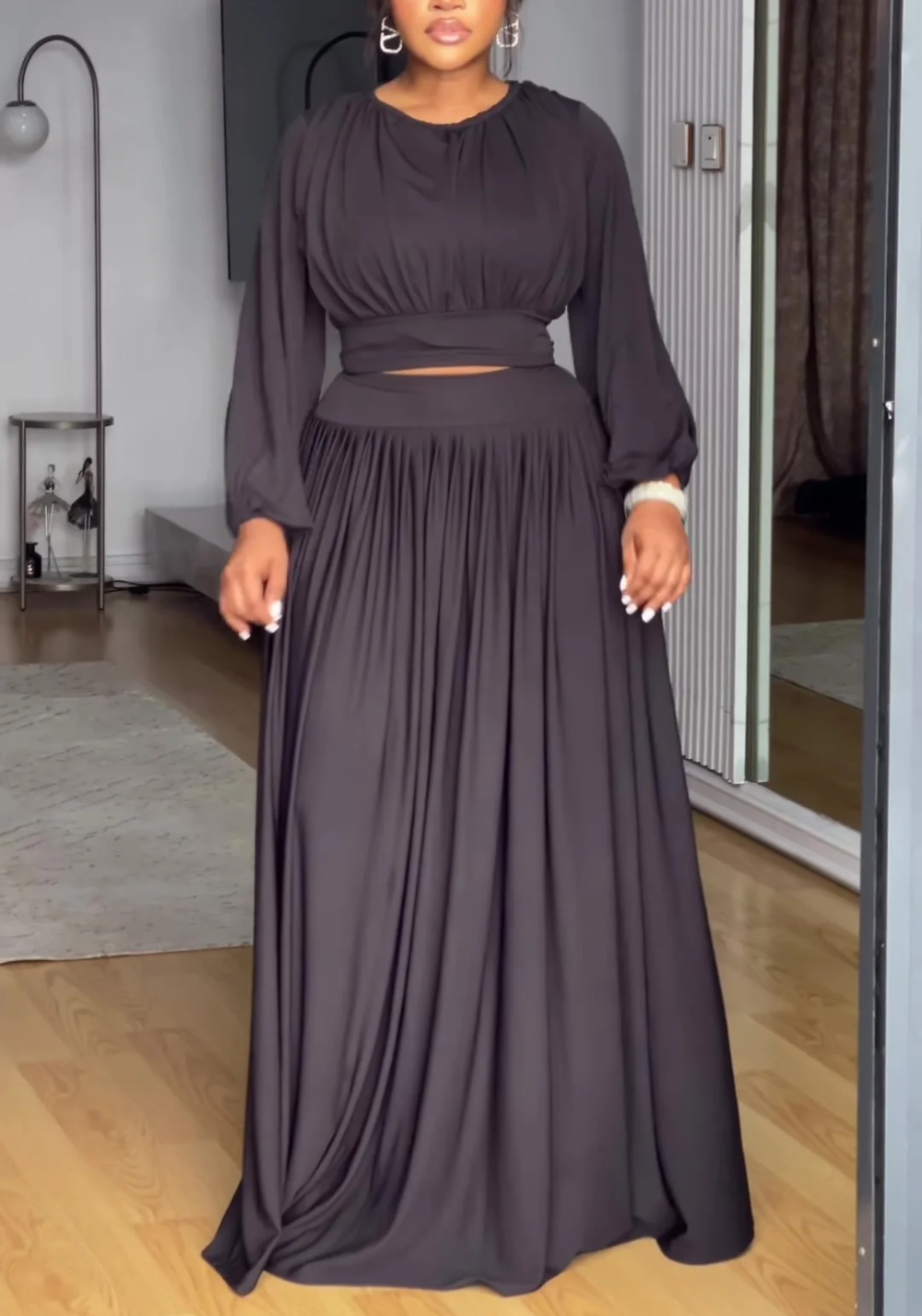 Women's Long Sleeve Knit Top & Flowy Flared Skirt Matching Set | Chic Two-Piece Outfit