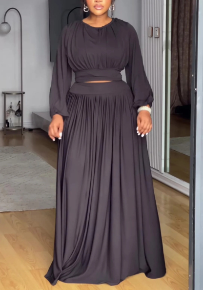 Women's Long Sleeve Knit Top & Flowy Flared Skirt Matching Set | Chic Two-Piece Outfit