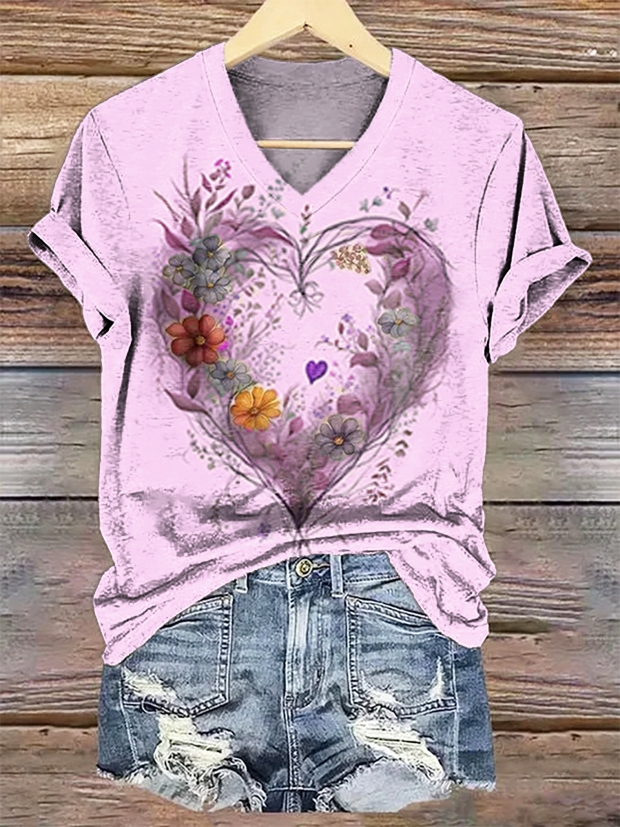 Women's Floral Heart Art V-Neck Casual T-Shirt