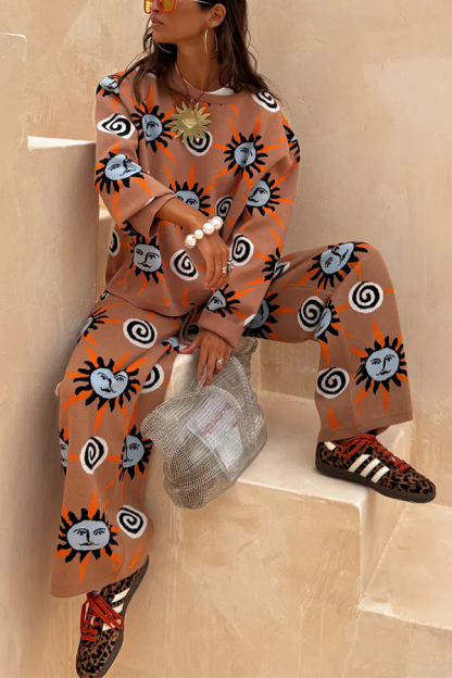Mediterranean Art Knit Unique Sun Vortex Print Elastic Waist Wide Leg Pants