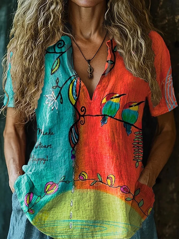 Women's Vintage Floral Bird Art Print Casual Cotton Shirt