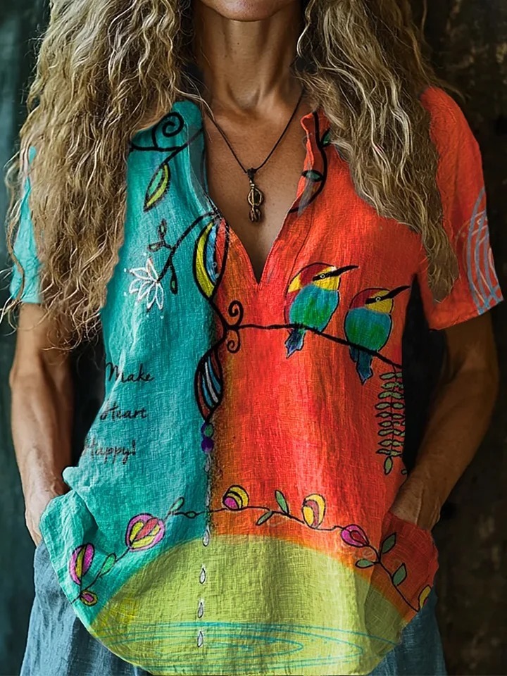 Women's Vintage Floral Bird Art Print Casual Cotton Shirt