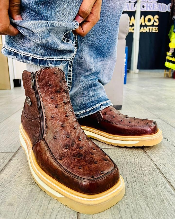 Men Ostrich Print Leather Handcrafted Western Wide Square Toe Brown Cowboy Boots