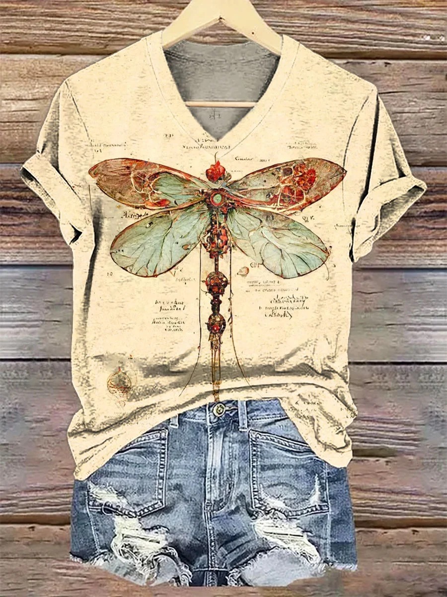 Women's Dragonfly Pattern Art Print Casual Short Sleeve Comfortable Cotton Shirt