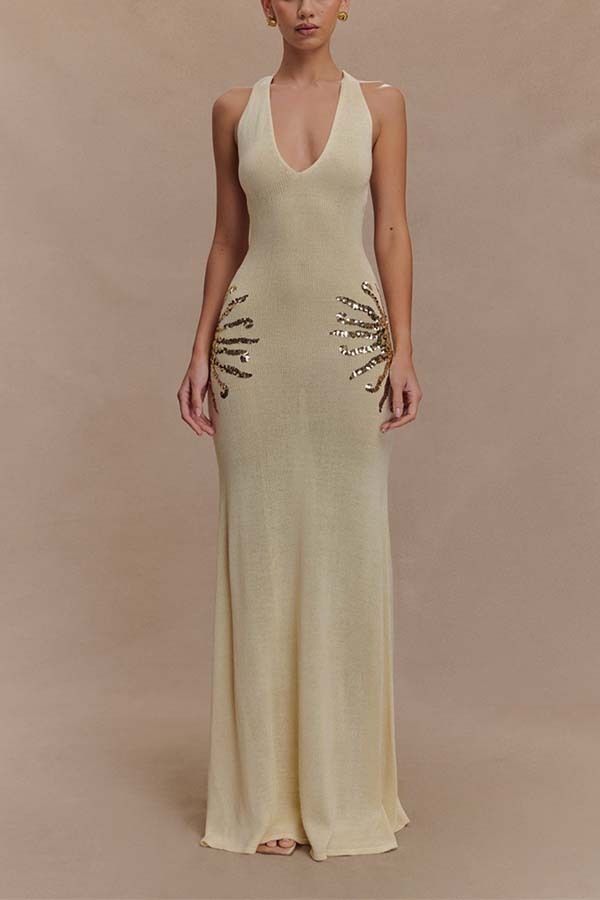 Sparkling Nights Knit Sunburst Sequin Detail Back Cross Straps Stretch Maxi Dress