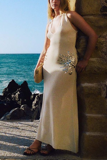 Sparkling Nights Knit Sunburst Sequin Detail Back Cross Straps Stretch Maxi Dress