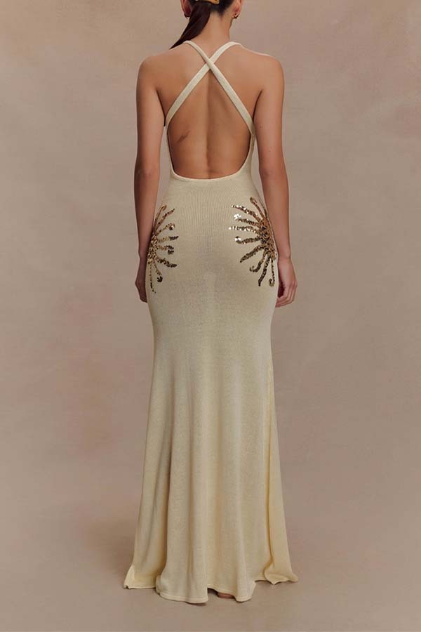 Sparkling Nights Knit Sunburst Sequin Detail Back Cross Straps Stretch Maxi Dress