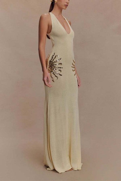 Sparkling Nights Knit Sunburst Sequin Detail Back Cross Straps Stretch Maxi Dress