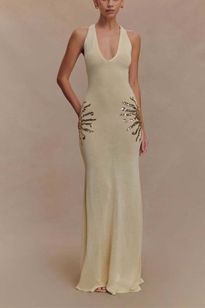 Sparkling Nights Knit Sunburst Sequin Detail Back Cross Straps Stretch Maxi Dress