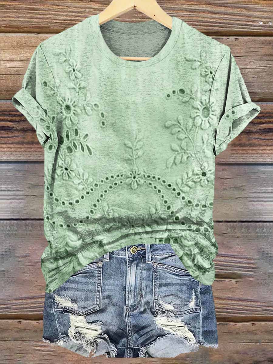 Women's Vintage Floral Texture Patterns Print V-neck Casual T-Shirt