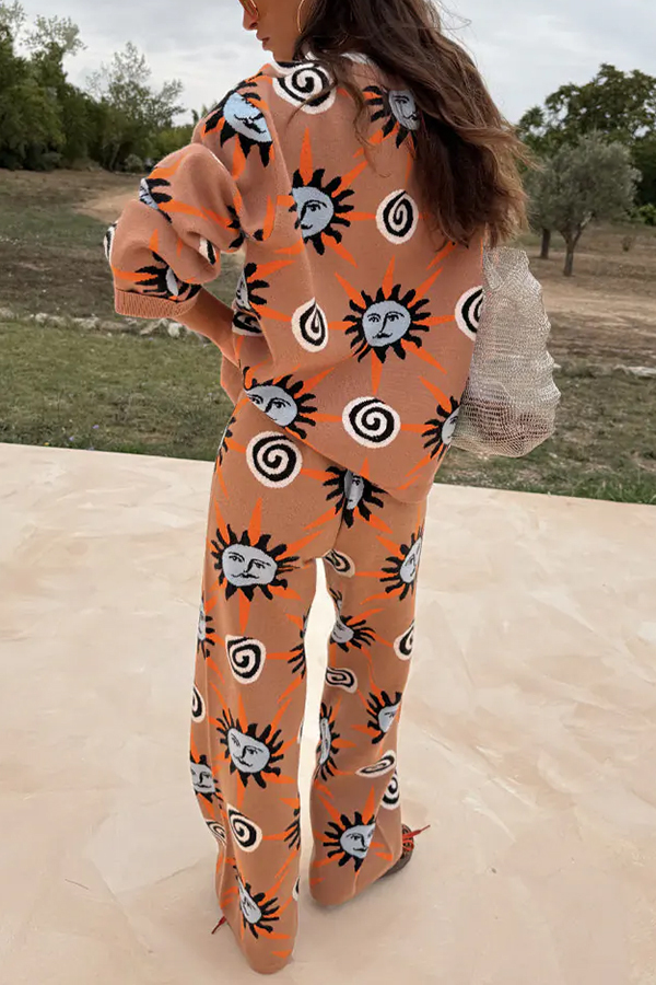 Mediterranean Art Knit Unique Sun Vortex Print Elastic Waist Wide Leg Pants
