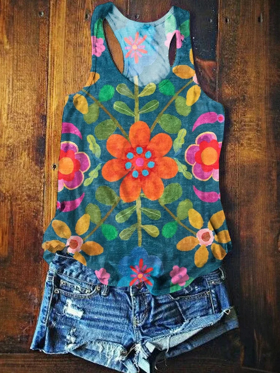 Women's Bohemian Floral Art Print V-neck Casual T-Shirt