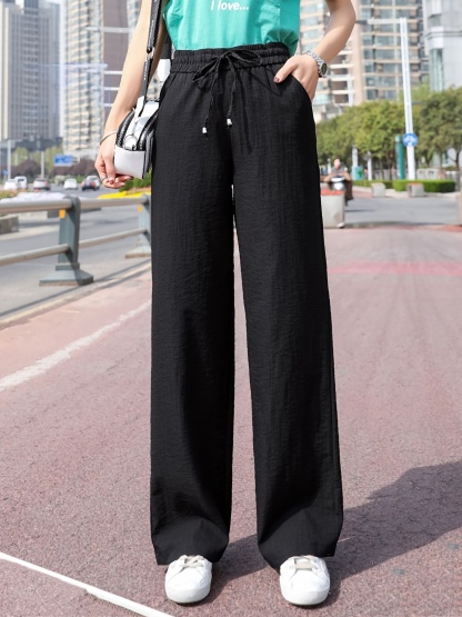 Minimalist Solid Drawstring Pants, Casual Long Length Elastic Waist Wide Leg Pants, Women's Clothing