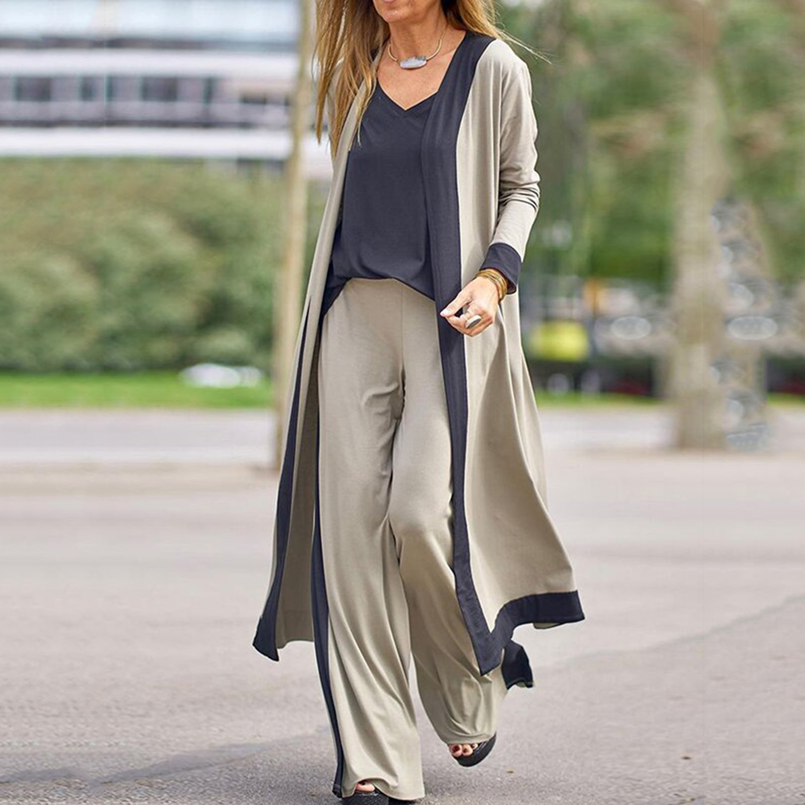 Color Block Casual Three-piece Set, Open Front Long Sleeve Cardigan & V Neck Tops & Wide Leg Pants Outfits, Women's Clothing
