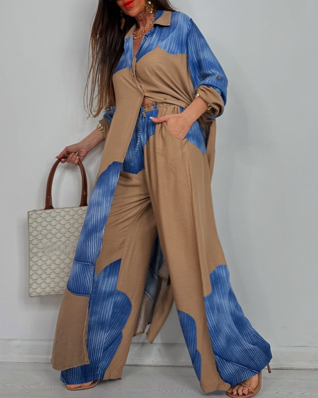 Women's V-neck Patchwork Printed Top and Pants Commuting Casual Suit