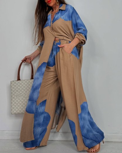 Women's V-neck Patchwork Printed Top and Pants Commuting Casual Suit