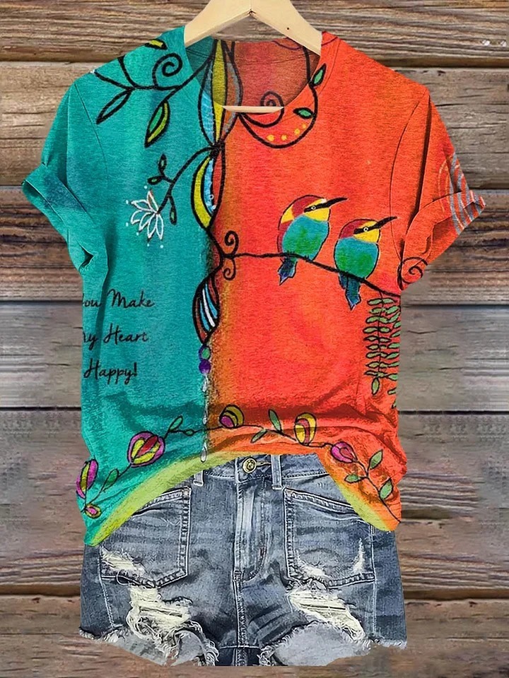 Women's Vintage Floral Bird Art Print Casual Cotton Shirt