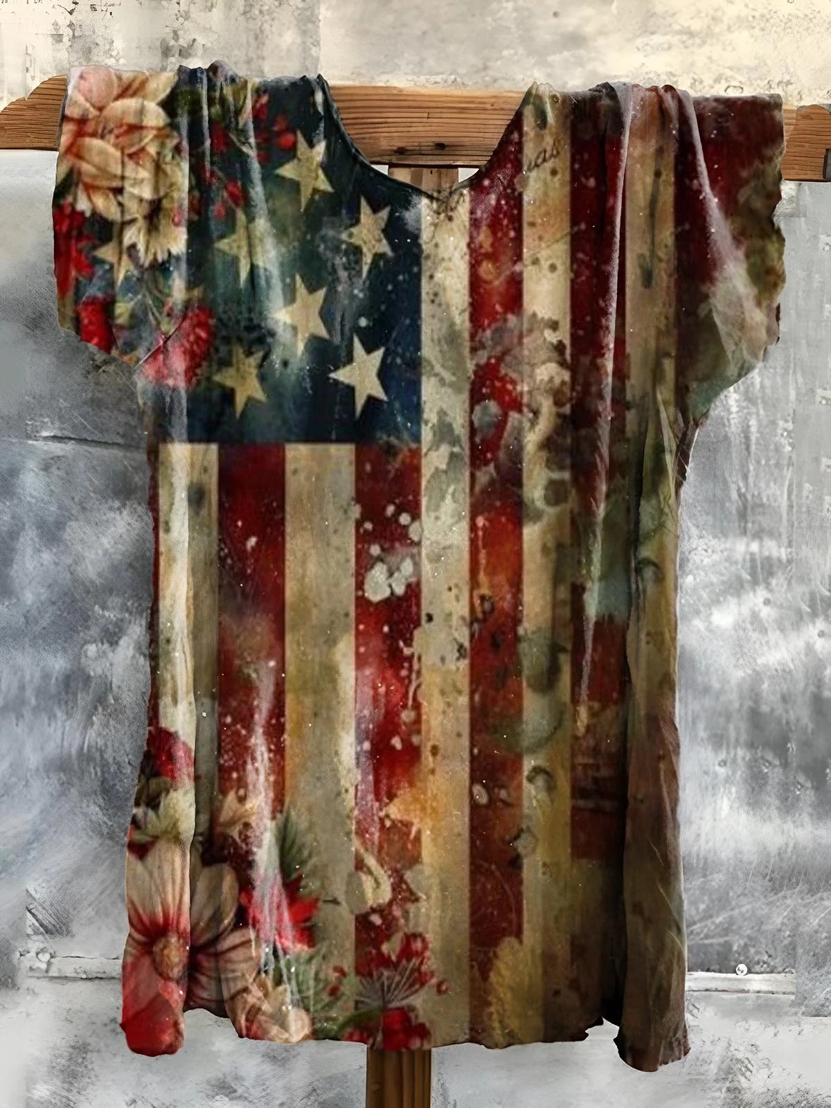 Women's Vintage Flag Floral Art Print V-neck Casual T-Shirt