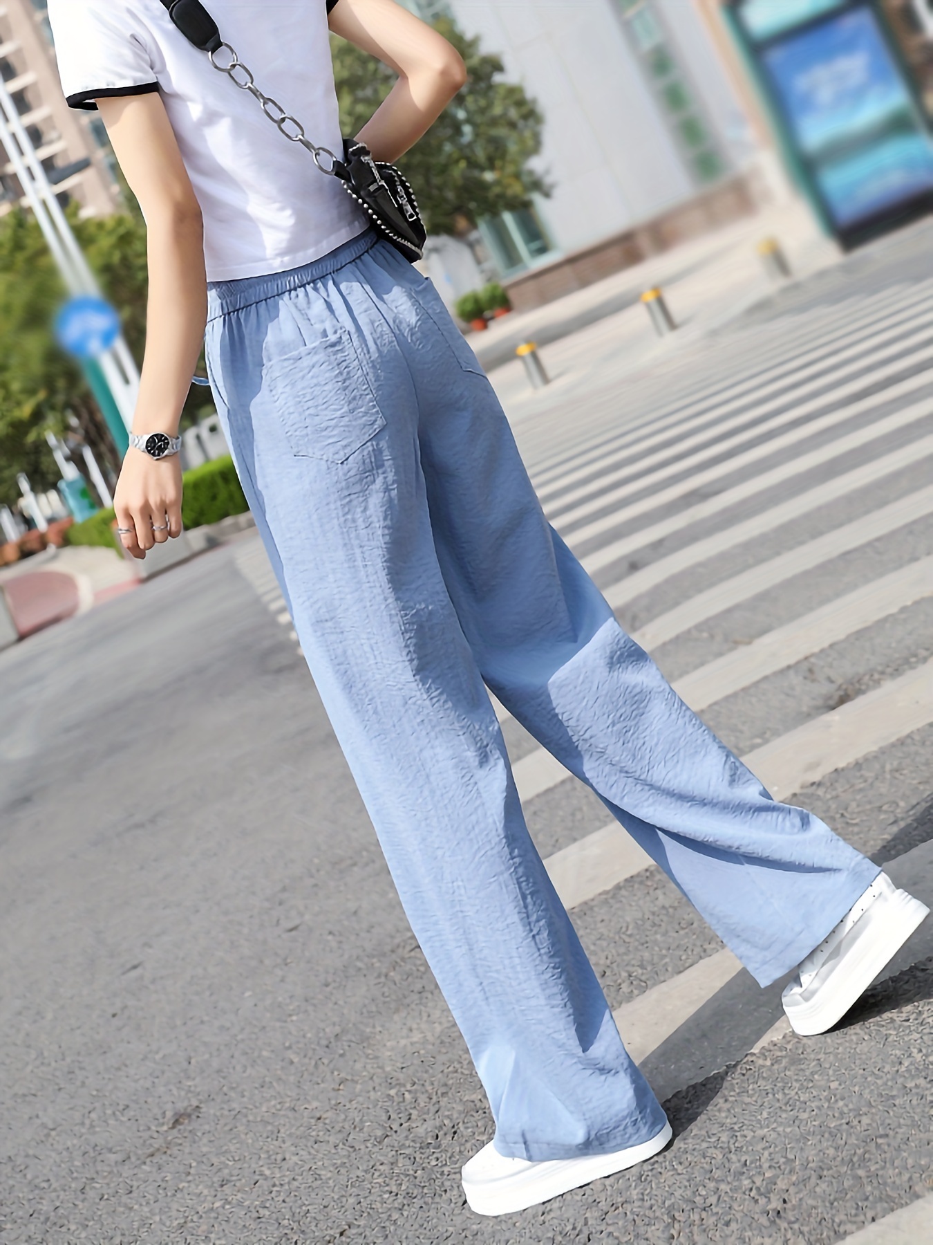 Minimalist Solid Drawstring Pants, Casual Long Length Elastic Waist Wide Leg Pants, Women's Clothing