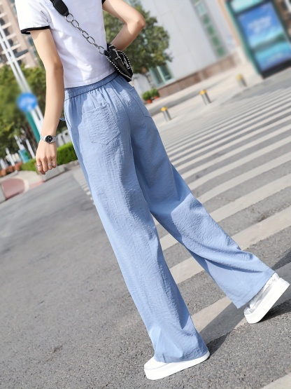 Minimalist Solid Drawstring Pants, Casual Long Length Elastic Waist Wide Leg Pants, Women's Clothing