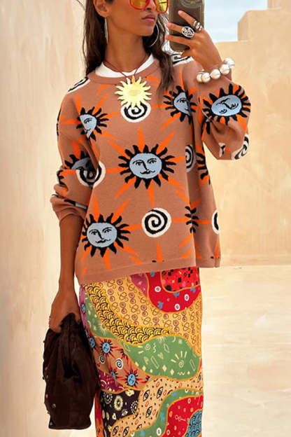 Mediterranean Art Knit Unique Sun Vortex Print Long Sleeve Relaxed Sweater