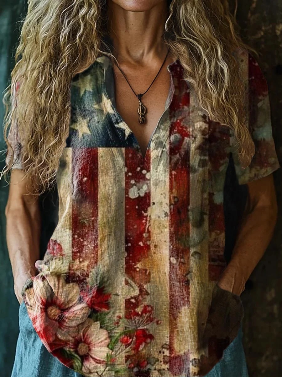 Women's Vintage Flag Floral Art Print V-neck Casual T-Shirt