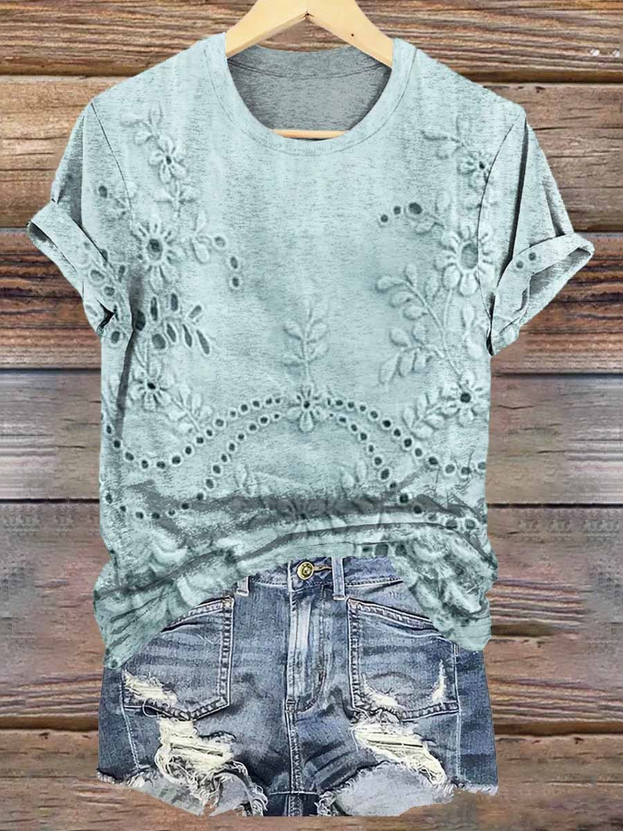 Women's Vintage Floral Texture Patterns Print V-neck Casual T-Shirt