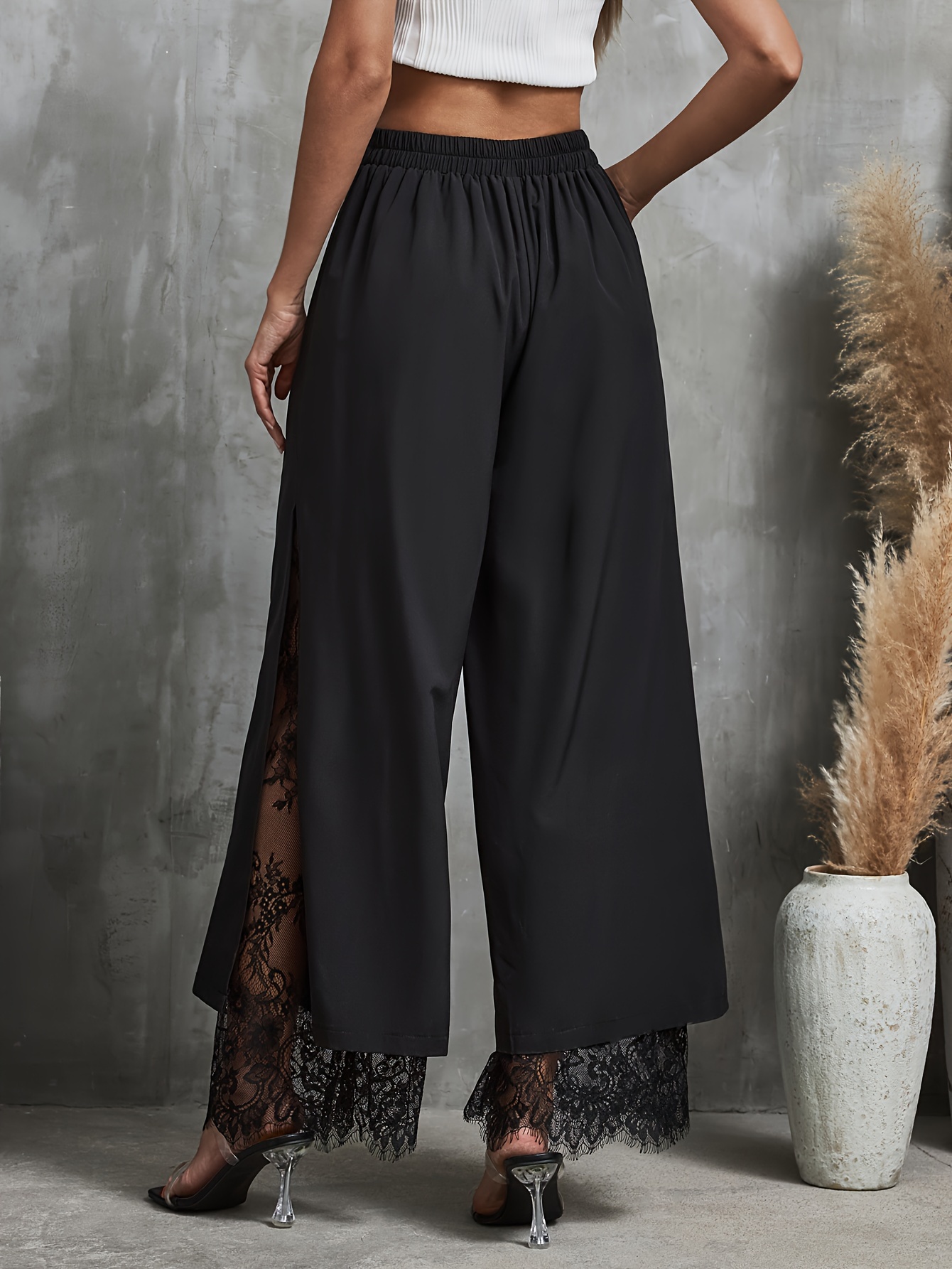 Elegant Wide-Leg Palazzo Pants for Women - Lace Trim, Elastic Waist, Easy Care, Perfect for Spring