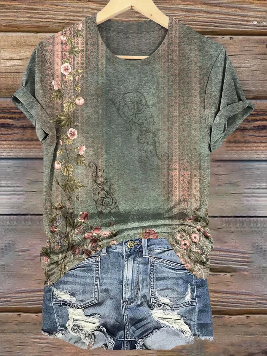 Women's Retro Ethnic Flowers Print V-neck Casual T-Shirt