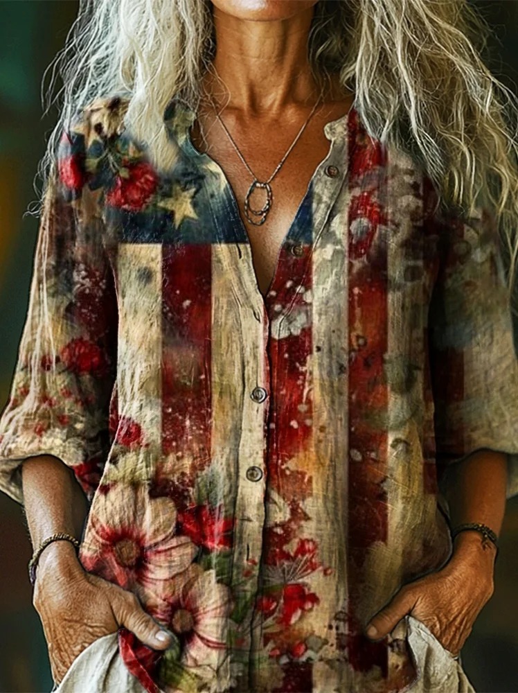 Women's Vintage Flag Floral Art Print V-neck Casual T-Shirt