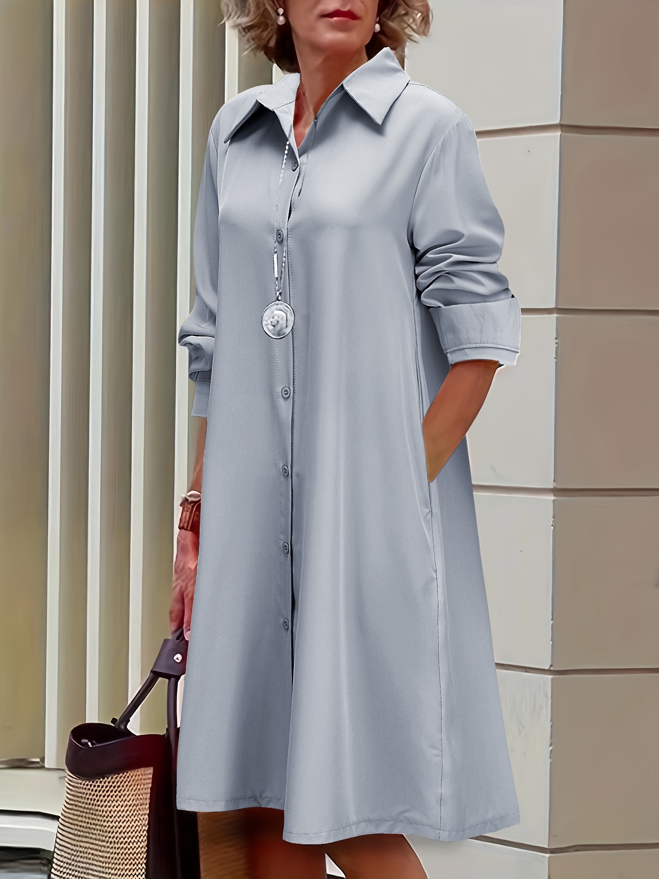 Plus Size Casual Dress, Women's Plus Solid Button Up Long Sleeve Turn Down Collar Shirt Dress  🔥Buy 2 get 10% OFF