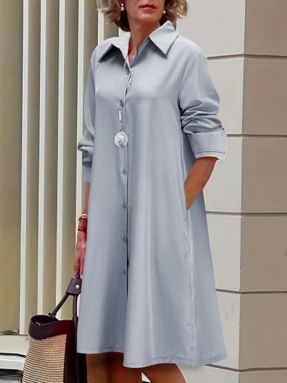 Plus Size Casual Dress, Women's Plus Solid Button Up Long Sleeve Turn Down Collar Shirt Dress  🔥Buy 2 get 10% OFF