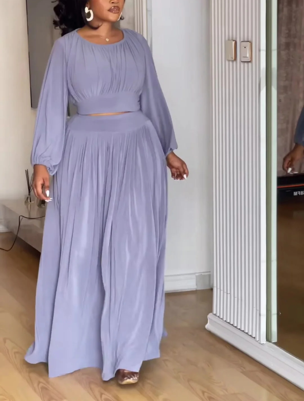 Women's Long Sleeve Knit Top & Flowy Flared Skirt Matching Set | Chic Two-Piece Outfit