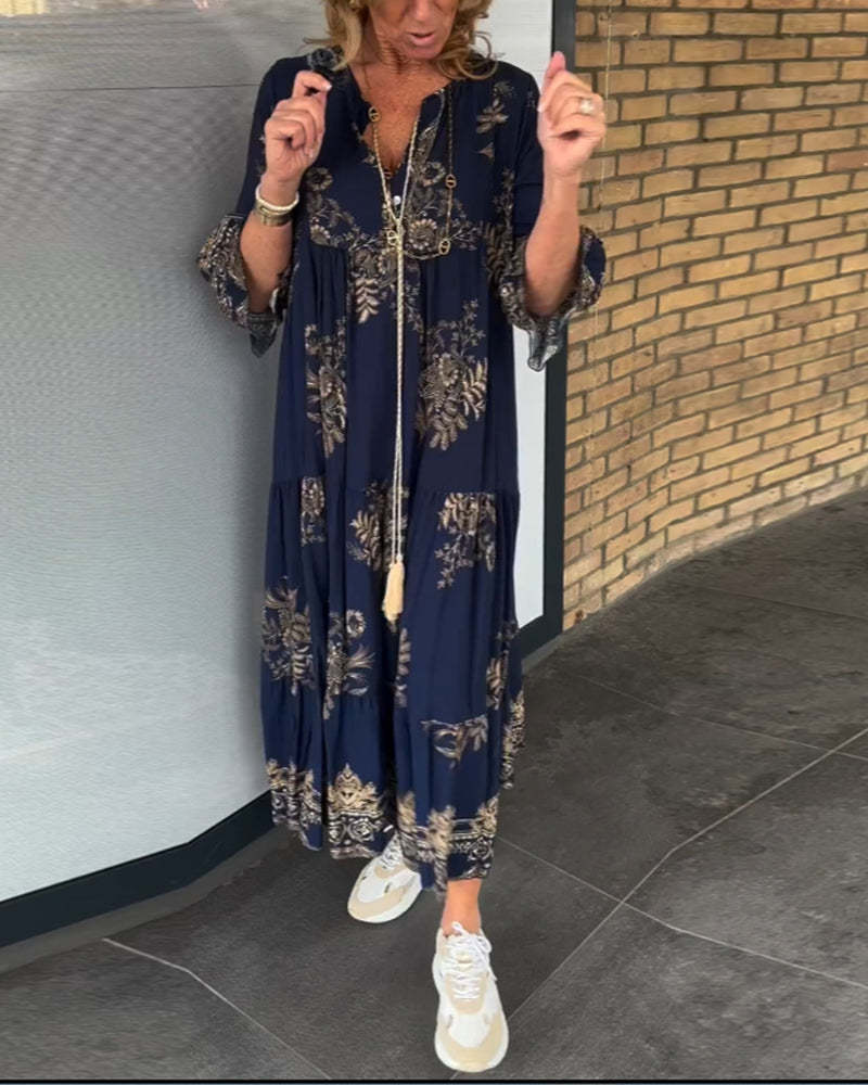 Women's Vintage V-Neck Dress | Loose Fit Boho Maxi Dress