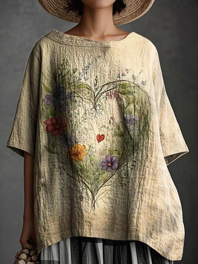 Women's Floral Heart Art V-Neck Casual T-Shirt