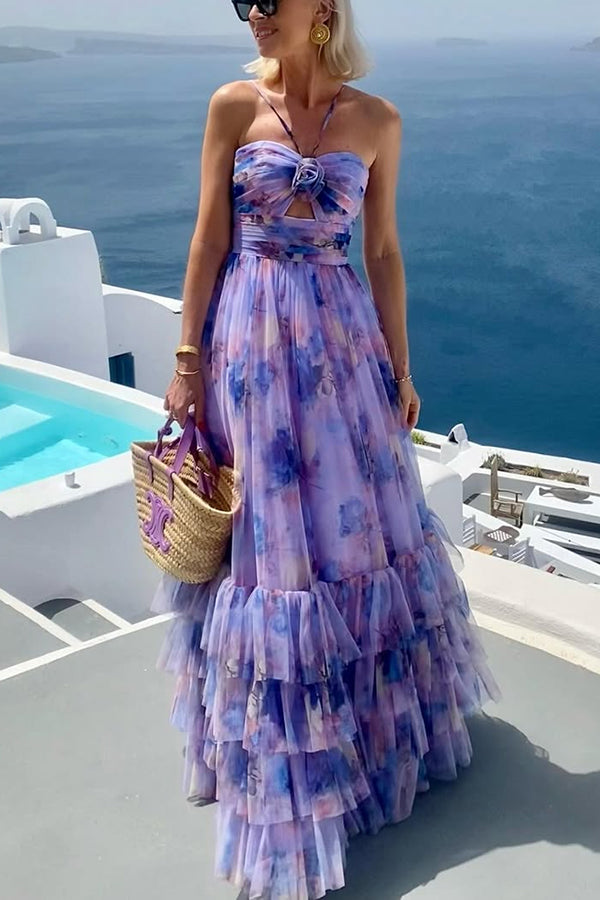 Dreamy Clouds Tulle Printed Rose Detail Cutout Ruffles Tiered Halter Maxi Dress