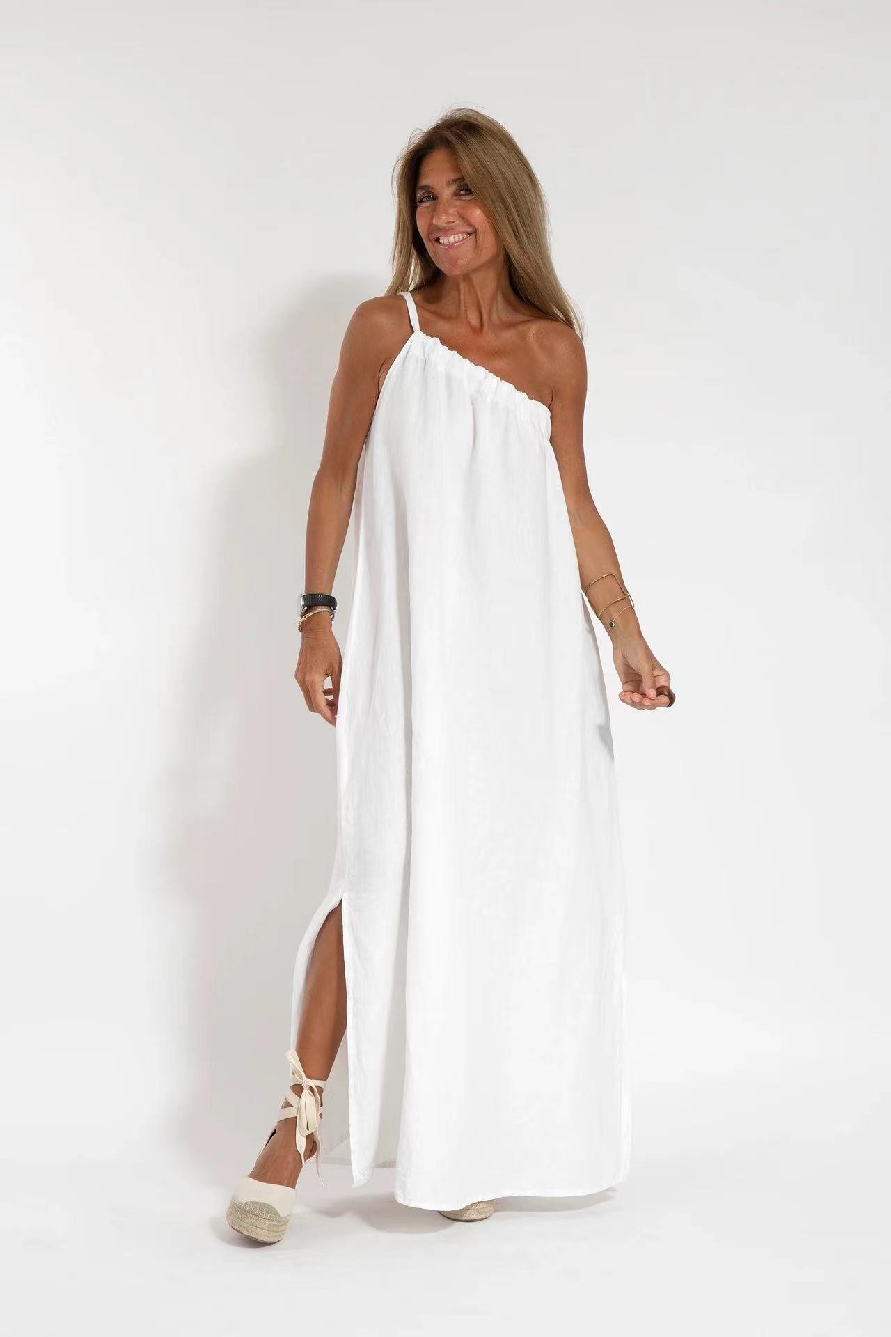 Stylish slant shoulder asymmetrical slit dress