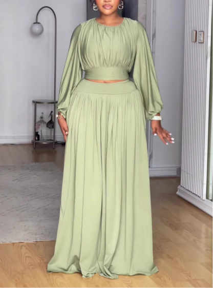 Women's Long Sleeve Knit Top & Flowy Flared Skirt Matching Set | Chic Two-Piece Outfit