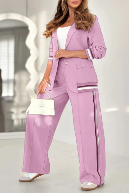 Women's Lapel Collar Striped Set | Solid Color Casual Two-Piece