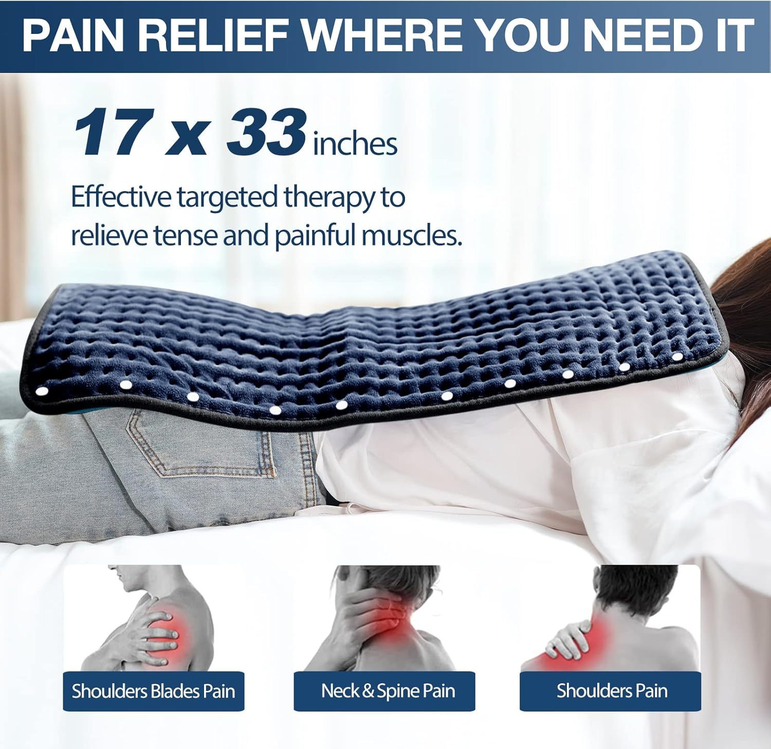 Heating Pad for Back Pain Relief, 12" x 24" Electric Heating Pads for Cramps, Back, Shoulder and Neck with 6 Heat Settings, Fast-Heating Technology, Auto Shut Off, UL Certification, Blue